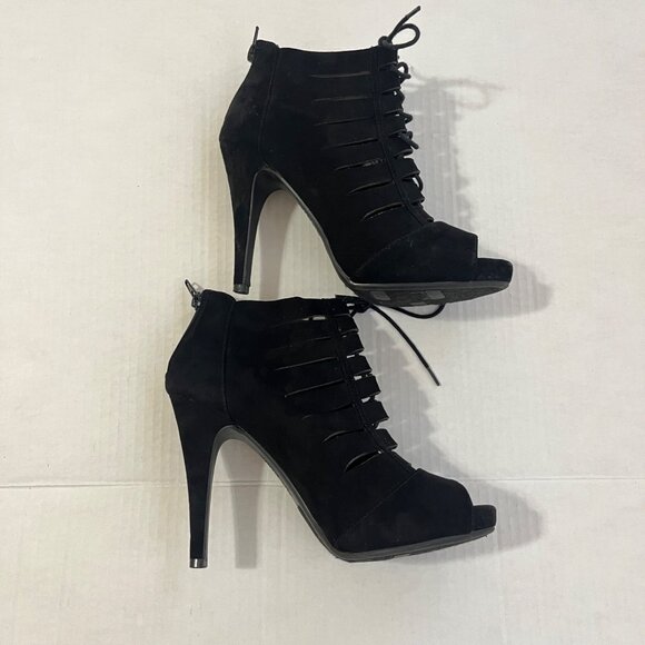 Y2K Lace Up Peep Toe Caged Bootie Sz 7.5 Faux Suede Whimsigoth Holiday Clubwear. - Picture 4 of 8